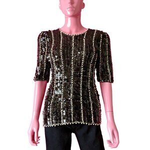 Vintage 80s M Knit Blouse Peplum Black Sequin Pearl Bead Puff Sleeve Hi-Low Glam